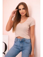 Dámská pruhovaná blůza s V výstřihem a krátkým rukávem béžová Dámská pruhovaná blůza s V výstřihem a krátkým rukávem béžová