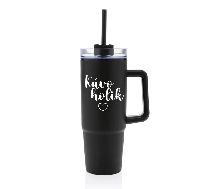 KÁVOHOLIK - černý cestovní termohrnek s průhledným víčkem 900 ml