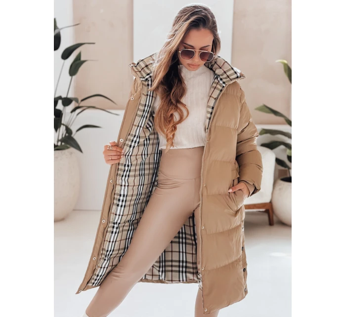 WINTERMISS dámská zimní dlouhá prošívaná bunda s kapucí tmavě béžová FashionStreet TY4966