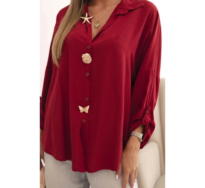 Dámské tričko s viskózou a ozdobnými knoflíky a límečkem bordové