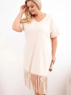 Dámské bavlněné šaty s výstřihem do V a třásněmi dole béžová