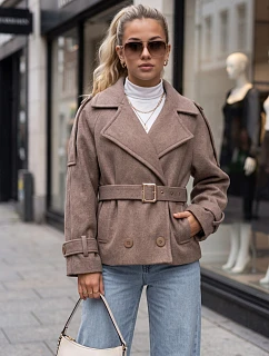 Krátký dámský dvouřadý kabát s páskem, béžový, FashionStreet NY0793
