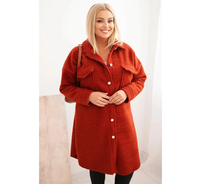 Dámský kabát Plus Size s vlnou na knoflíky s kapsami a límcem rudy