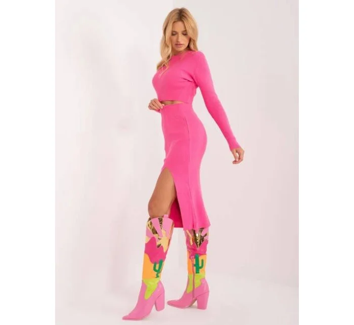 Růžový úpletový dámský komplet - krátká halenka a tužková sukně (14136)