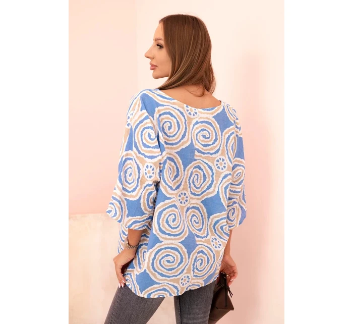 Dámská bavlněná blůza s model 21205236 vzory a ohrnutým rukávem tyrkysová - K-Fashion
