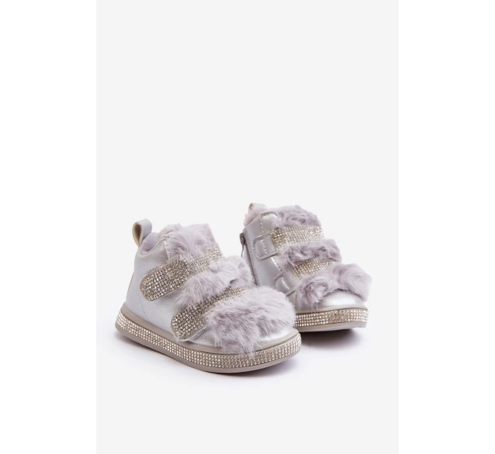 Kožené dětské zimní boty s kožíškem Stříbrné model 21641902 - Boto