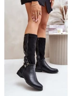 Zateplené Kozačky Na Ploché Podpatku S Ozdobnou Přezkou Černé Leatharia Zateplené Kozačky Na Ploché Podpatku S Ozdobnou Přezkou Černé Leatharia