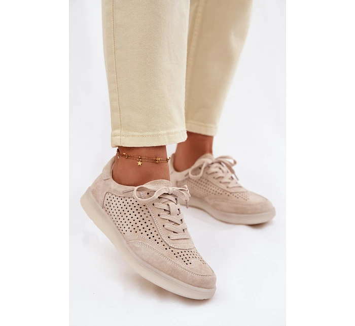 Kožené semišové dámské tenisky s otvory Béžové model 22100230 - Boto Kožené semišové dámské tenisky s otvory Béžové model 22100230 - Boto