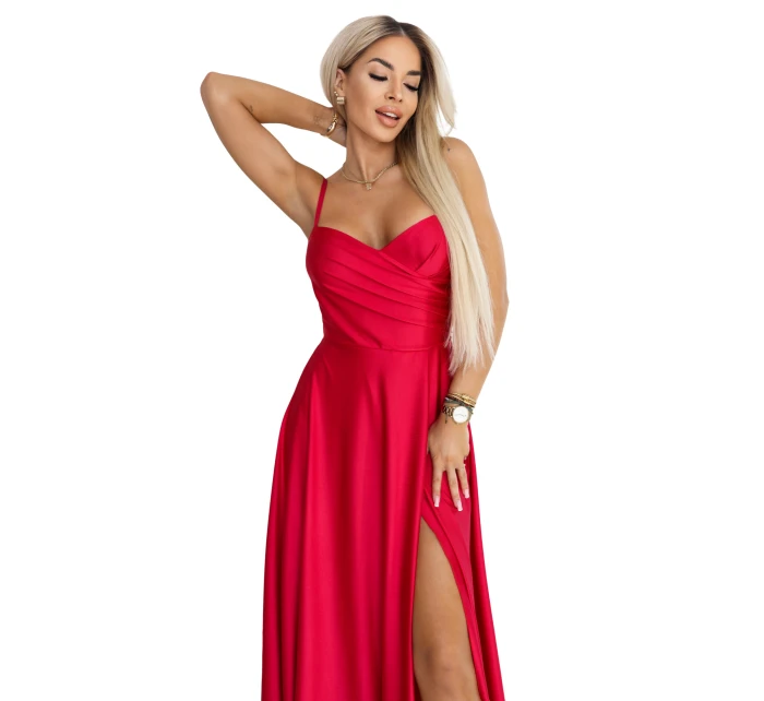 646-3 Dlouhé společenské šaty bez ramínek s rozparkem na nohou - červené