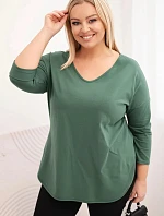 Dámská bavlněná blůza Plus Size s výstřihem do V a ohrnovacími rukávy tmavě khaki