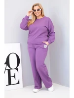 Dámská souprava Plus Size bavlněná s volnou mikinou a širokými kalhotami fialový