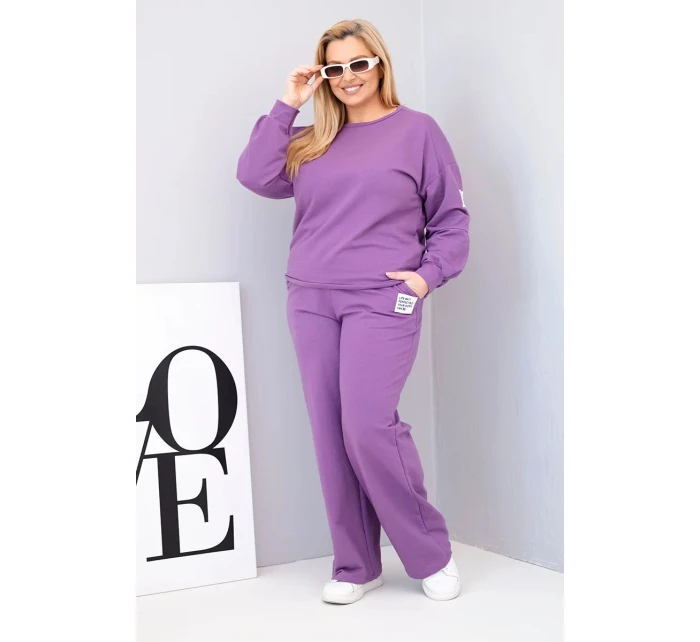 Dámská souprava Plus Size bavlněná s volnou mikinou a širokými kalhotami fialový