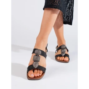 Luxusní dámské černé  sandály na plochém podpatku