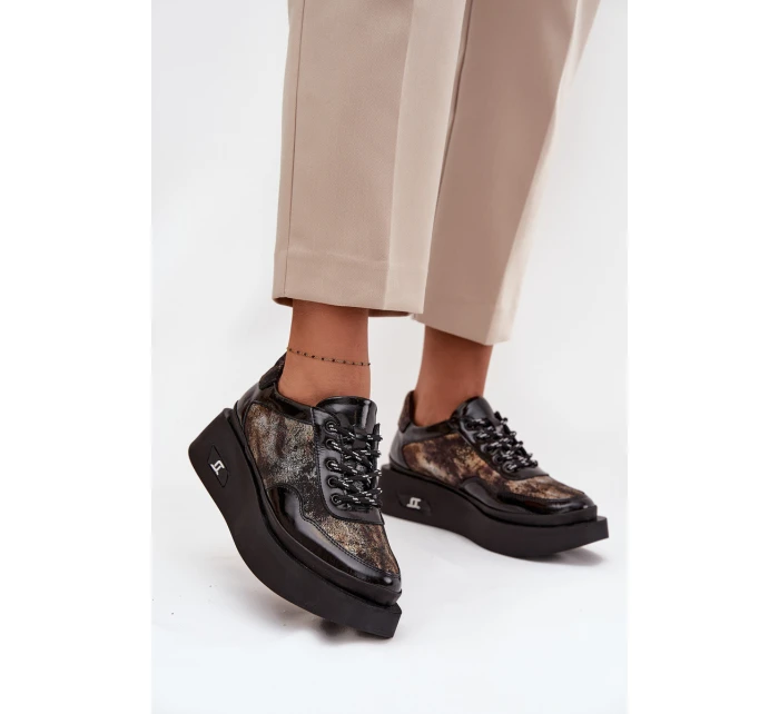 Dámské kožené šněrovací polobotky na platformě Artiker – černo/zlaté