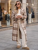 Płaszcz damski długi dwurzędowy z wełną w kratę beżowy FashionStreet NY0829