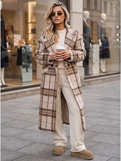 Płaszcz damski długi dwurzędowy z wełną w kratę beżowy FashionStreet NY0829