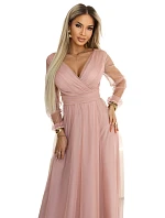 Dlouhé maxi šaty s rukávy a obálkovým výstřihem pudrově růžové model 22046066 - numoco basic