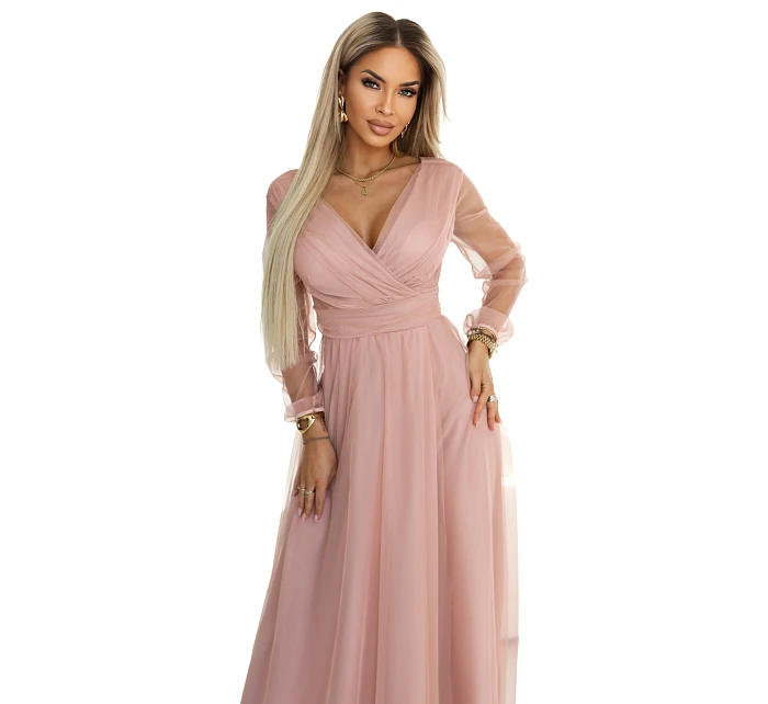 Dlouhé maxi šaty s rukávy a obálkovým výstřihem pudrově růžové model 22046066 - numoco basic
