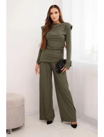 Dámská bavlněná souprava s halenkou a kalhotami s širokým nohavicemi khaki Dámská bavlněná souprava s halenkou a kalhotami s širokým nohavicemi khaki