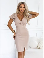 479-16 NINA – elegantní šaty s výstřihem do V, rukávy a páskem – tmavě béžové s brokátem