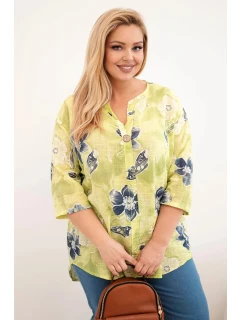 Dámská bavlněná halenka Plus Size s květinovým vzorem světle zelená