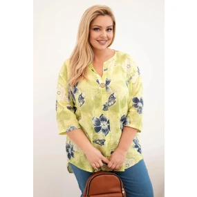 Dámská bavlněná halenka Plus Size s květinovým vzorem světle zelená Dámská bavlněná halenka Plus Size s květinovým vzorem světle zelená