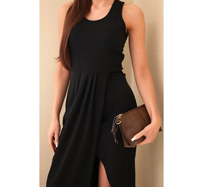 Dámské bavlněné midi šaty bez rukávů s řasením černá Dámské bavlněné midi šaty bez rukávů s řasením černá