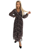 Dlouhé dámské plisované šifonové šaty s výstřihem, dlouhými rukávy, páskem a s  vzorem model 19019230 - numoco basic