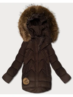 Hnědá dámská péřová zimní bunda s velkou kapucí (KK60589)
