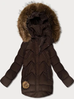 Hnědá dámská péřová zimní bunda s velkou kapucí (KK60589)