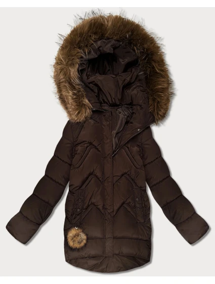 Hnědá dámská péřová zimní bunda s velkou kapucí (KK60589)