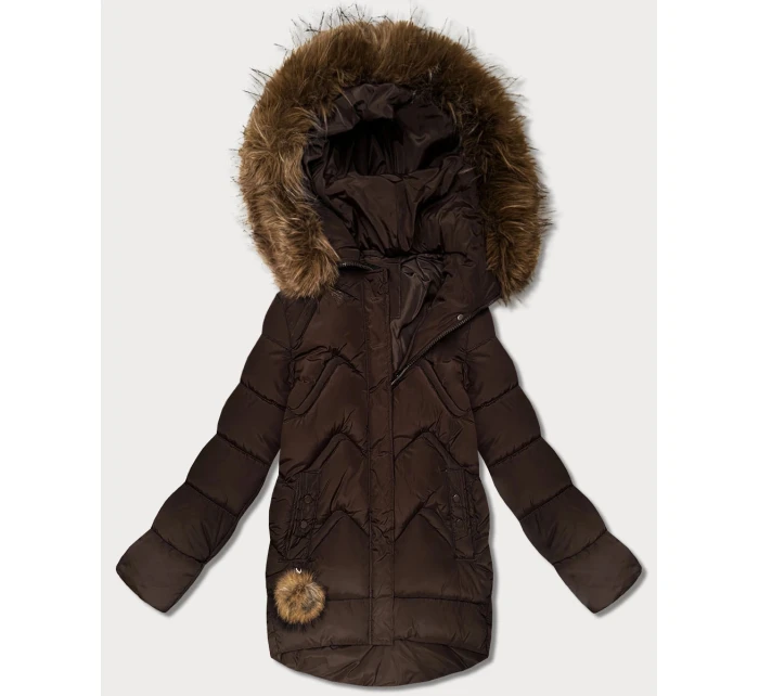 Hnědá dámská péřová zimní bunda s velkou kapucí (KK60589)