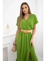 Dlouhé šaty s ozdobným páskem oliva