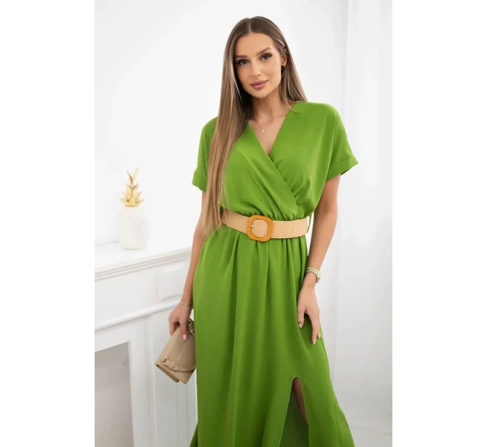 Dlouhé šaty s ozdobným páskem oliva