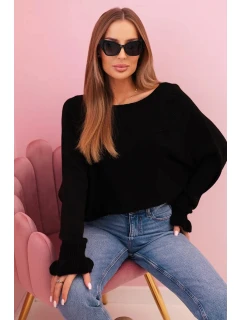 Dámský svetr z mohéru s nařasenými rukávy a výstřihem na zádech černý