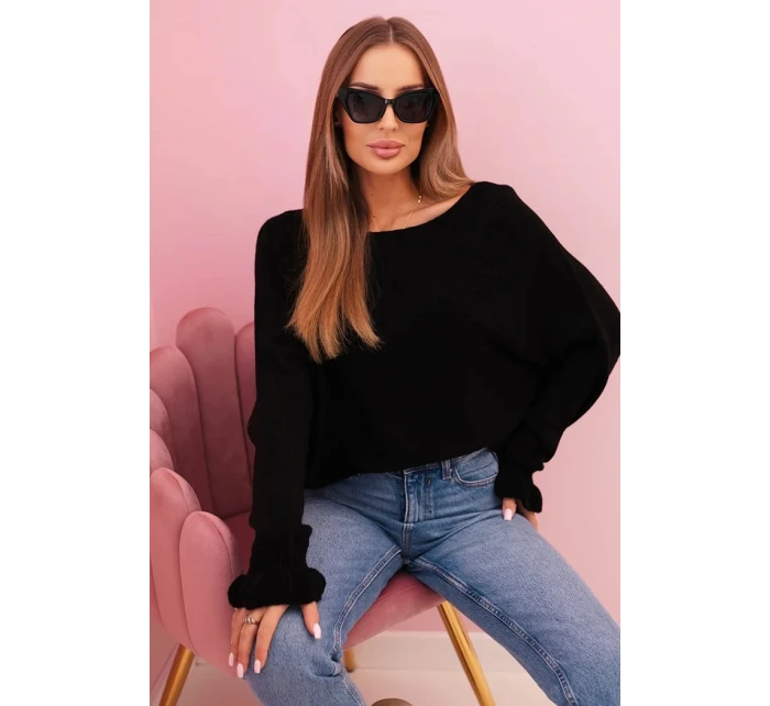 Dámský svetr z mohéru s nařasenými rukávy a výstřihem na zádech černý Dámský svetr z mohéru s nařasenými rukávy a výstřihem na zádech černý