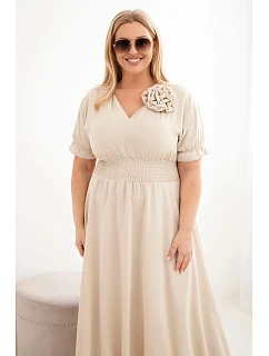 Dámské šaty Plus Size s výstřihem do V a nařaseným pasem tmavě béžové