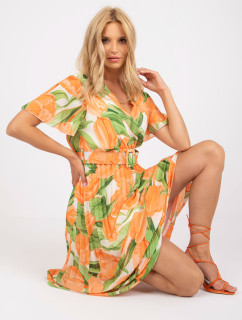 Květinové plisované šaty jedné velikosti v oranžové a zelené barvě