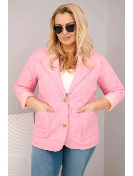 Dámská bunda Plus Size prošívaná květinami s límcem a kapsami jasně růžová