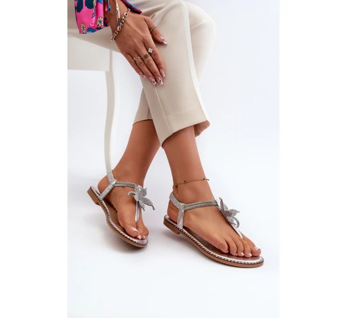 Dámské Ploché Sandály S Ozdobným Kvítkem Stříbrné Edoni Dámské Ploché Sandály S Ozdobným Kvítkem Stříbrné Edoni