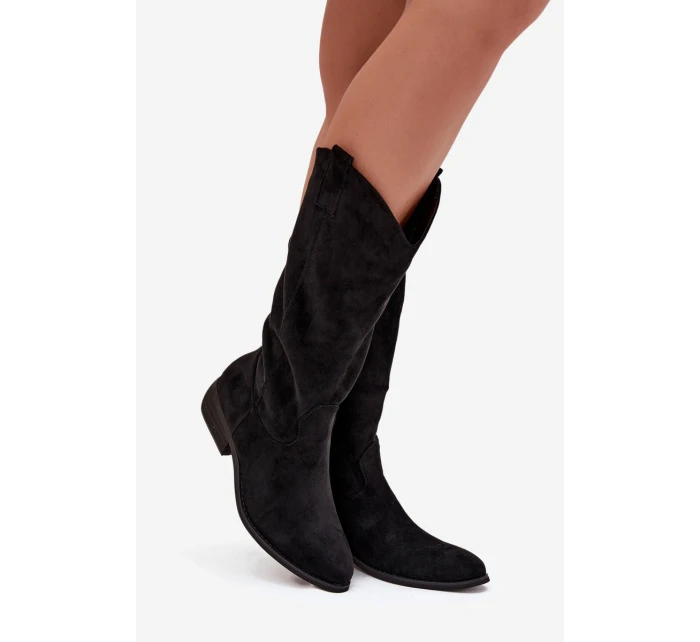 Dámské kozačky ve western stylu na nízkém podpatku Cherrie – černé, eko semiš Dámské kozačky ve western stylu na nízkém podpatku Cherrie – černé, eko semiš