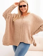 Dámský svetr Plus Size z akrylu volného střihu s 3/4 rukávem camelový