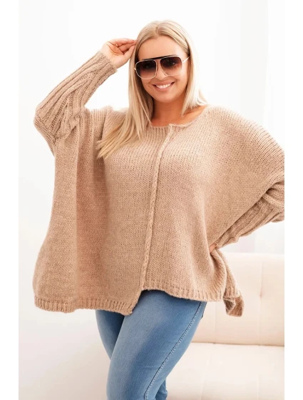 Dámský svetr Plus Size z model 21259032 volného střihu s 3/4 rukávem camelový - K-Fashion