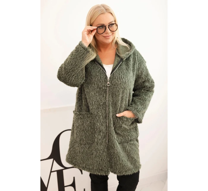 Dámský kabát Plus Size z viskózy na zip s kapucí khaki