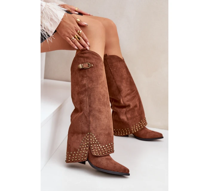 Kozačky S Ohnutým Holení Na Podpatku Hnědé Iveliri