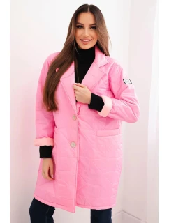 Dámská bunda Plus Size prošívaná s ozdobnými knoflíky a límcem jasno růžová