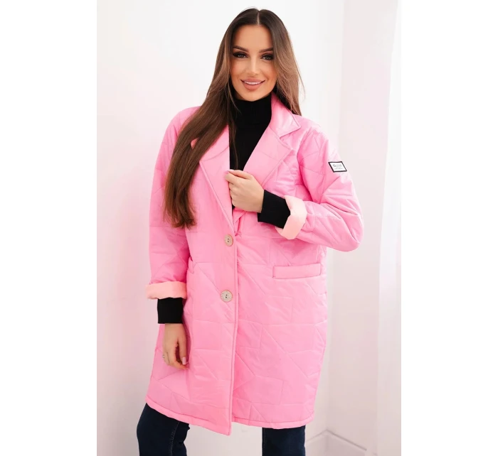 Dámská bunda Plus Size prošívaná s ozdobnými knoflíky a límcem jasno růžová Dámská bunda Plus Size prošívaná s ozdobnými knoflíky a límcem jasno růžová