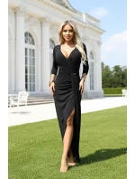 404-13 Elegantní dlouhé šaty s obálkovým výstřihem a rozparkem - černé 404-13 Elegantní dlouhé šaty s obálkovým výstřihem a rozparkem - černé