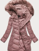 Dlouhá dámská prošívaná zimní bunda ve starorůžové barvě (7689)