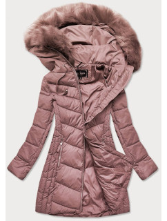 Dlouhá dámská prošívaná zimní bunda ve starorůžové barvě (7689)